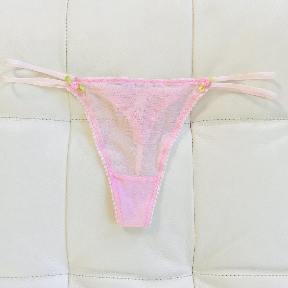 NEW La Vie En Rose Garden Rose Bridal Lingerie Collection Pink Sheer Thong